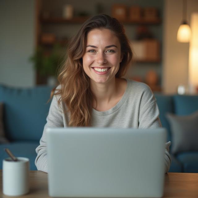 Nomade digital souriant devant un ordinateur portable