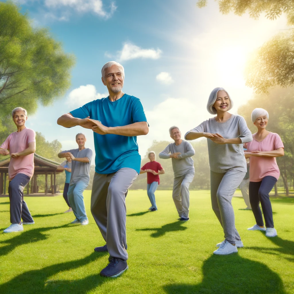 A group of seniors exercising in a park, focusing on low-impact activities like walking, stretching, and Tai Chi. The scene is vibrant with clear blue skies, green grass, and trees in the background. The seniors are smiling and appear active and happy, promoting mobility and fitness in their senior years.