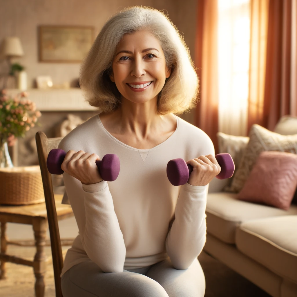 Senior woman doing chair exercises with light weights in her living room.