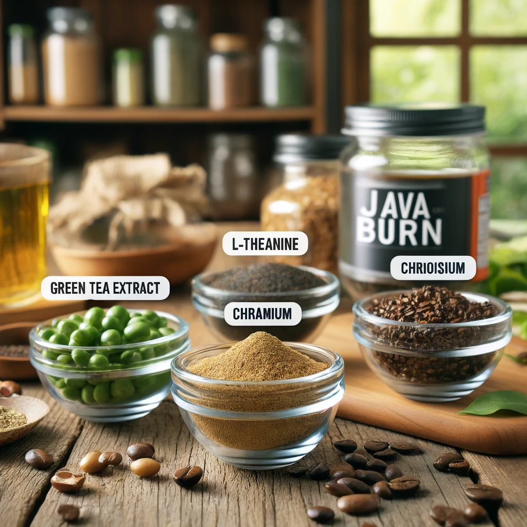 Close-up image of Java Burn ingredients, including green tea extract, L-theanine, chromium, and chlorogenic acid, arranged in small glass bowls on a wooden table.