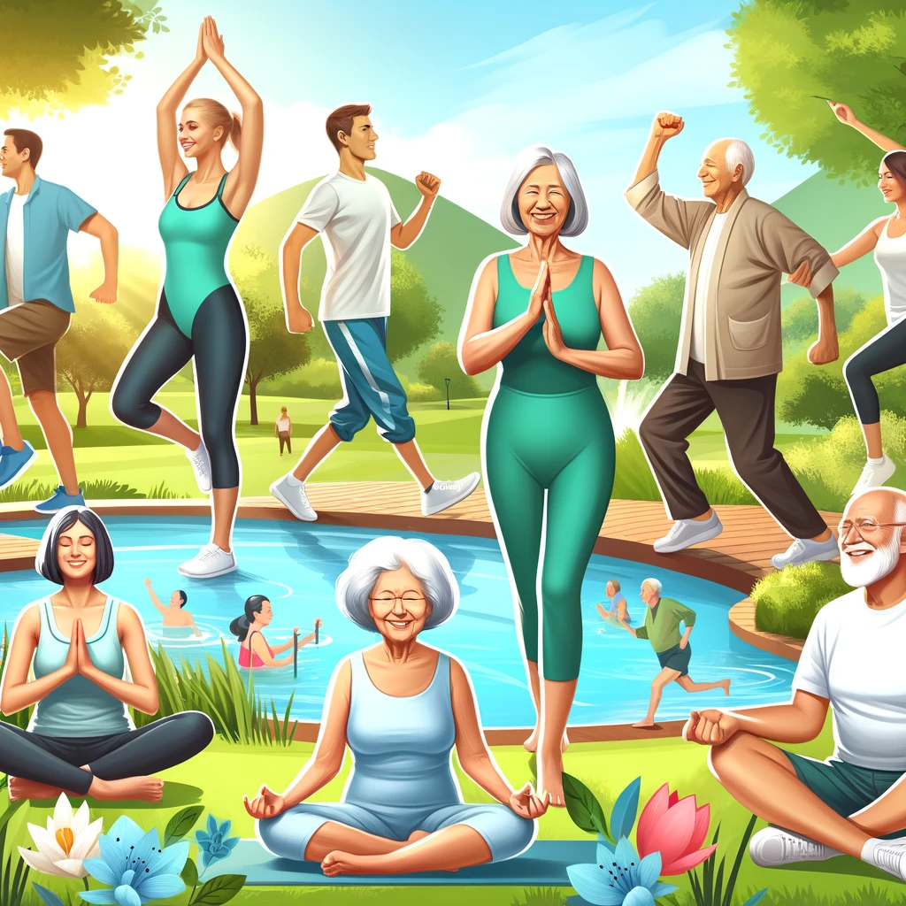 A group of seniors engaging in various low-impact exercises such as walking, swimming, Tai Chi, and yoga in a vibrant park setting with clear blue skies and lush greenery in the background, showcasing the joy and health benefits of staying active